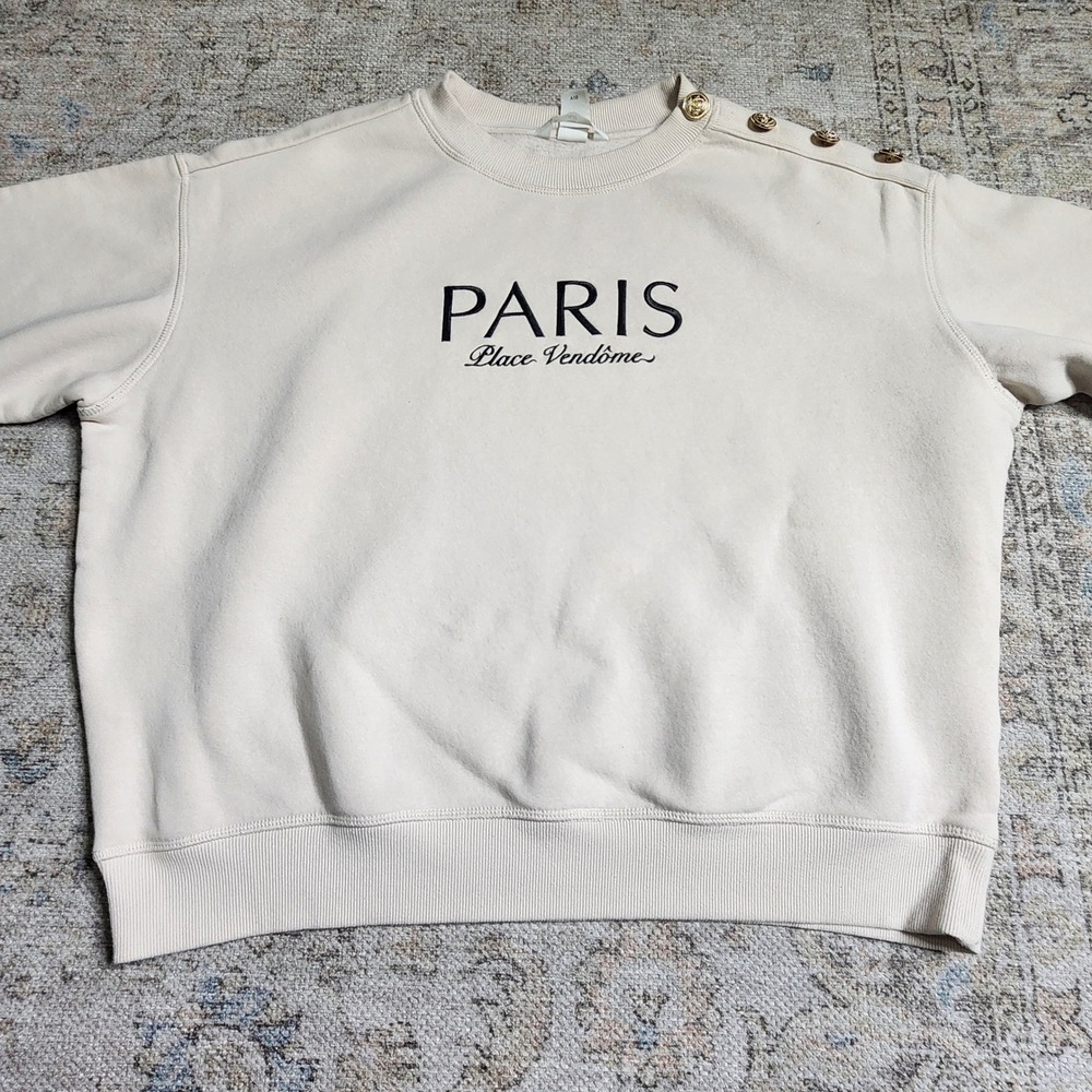 H&M Paris Sweatshirt Beige Gold Button Shoulder Crew Pullover Womens Medium